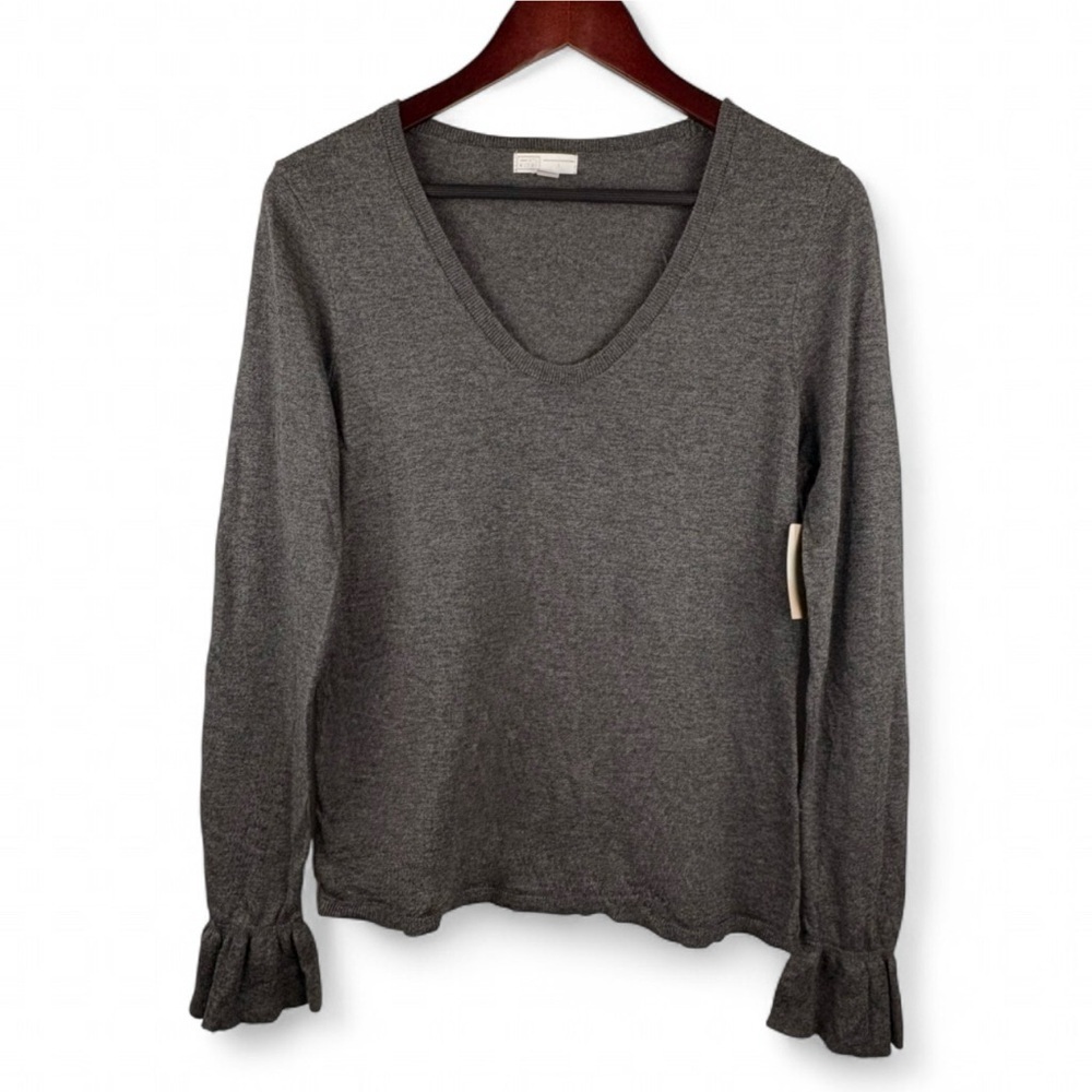 Women’s Vintage Grey Ruffle Bell Sleeve Scoop Neck Knit Sweater Chic Small NWT S